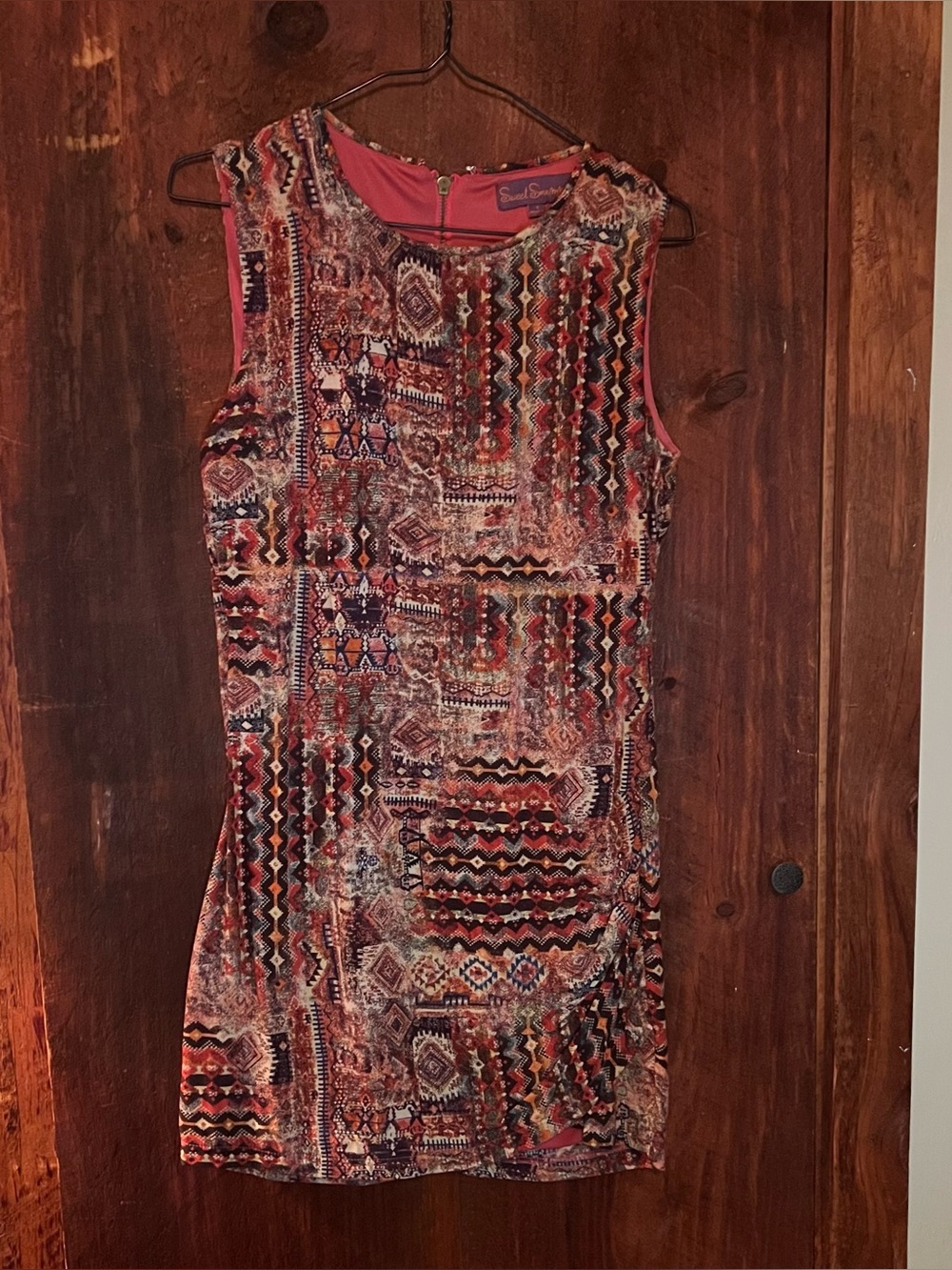 Sleeveless Multicolor Geo-Print Mini Dress with Coral Accents
